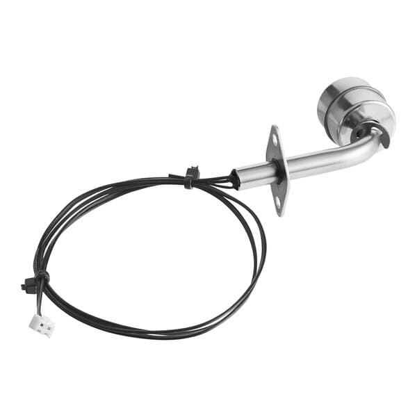 A metal float switch with a stainless steel cable and black wire.