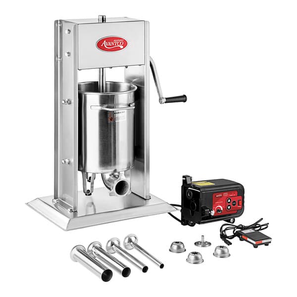 An Avantco stainless steel churro stuffer with a metal stand, handle, and churro tubes.