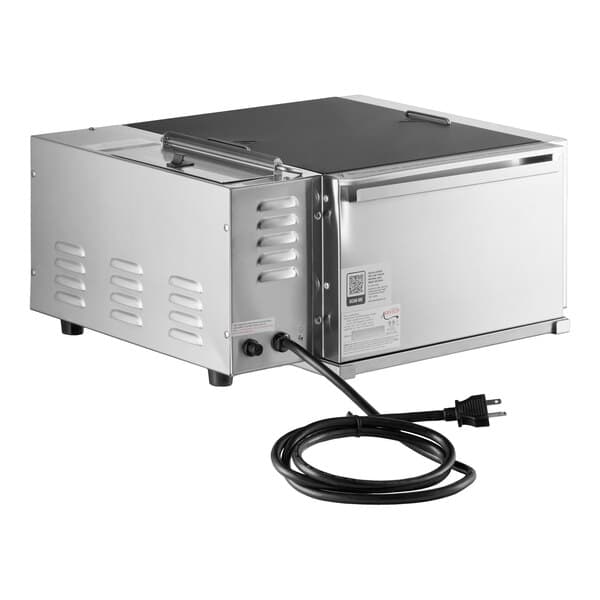 An electric countertop tortilla and portion steamer with a stainless steel exterior and a power cord.