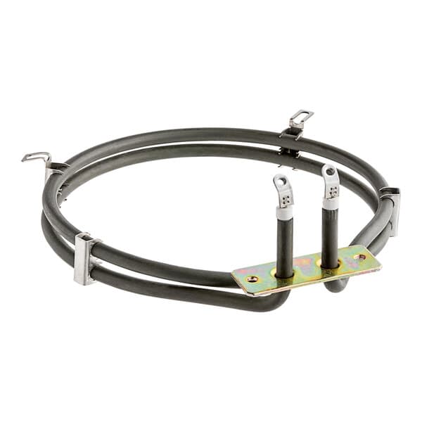 A circular metal Avantco heating element with black and silver wires.