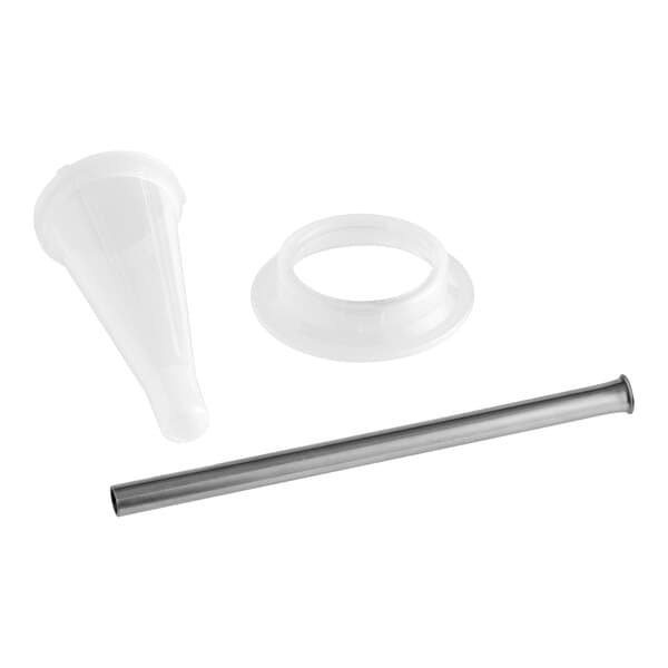 A 3/8-inch grinder stuffing tube set with a flange and funnel, designed for use with Avantco MG12R and MG12 meat grinders.