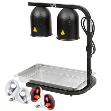 W62-BLK Black 2 Bulb Free Standing Heat Lamp / Food Warmer with Red Bulbs, Pan, and Grate - 120V, 500W