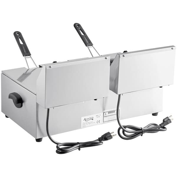 An Avantco dual tank electric countertop fryer with two cords.
