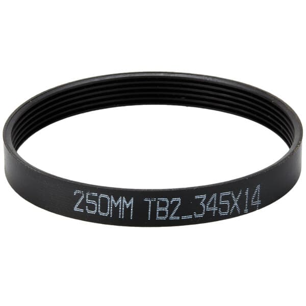 A black rubber belt with white text that reads "25mm tb - 434"