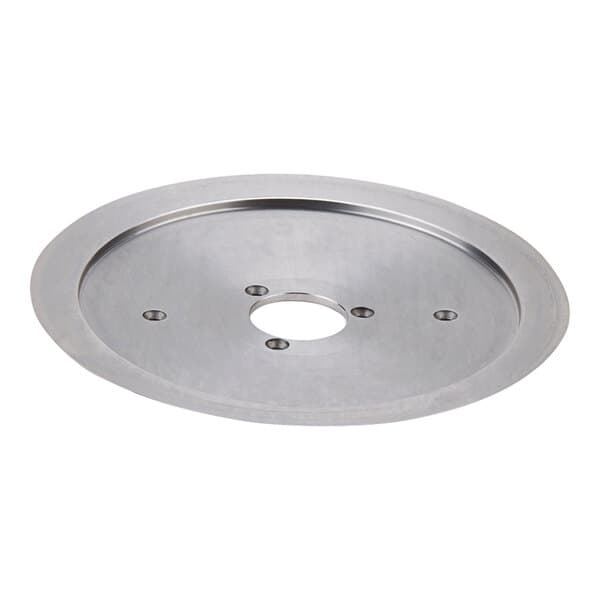 A circular stainless steel blade with holes.