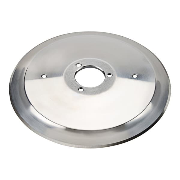 A stainless steel circular blade with a hole in the center.