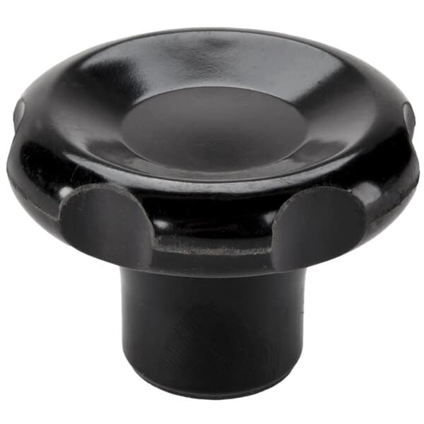 A black round knob with a white background.