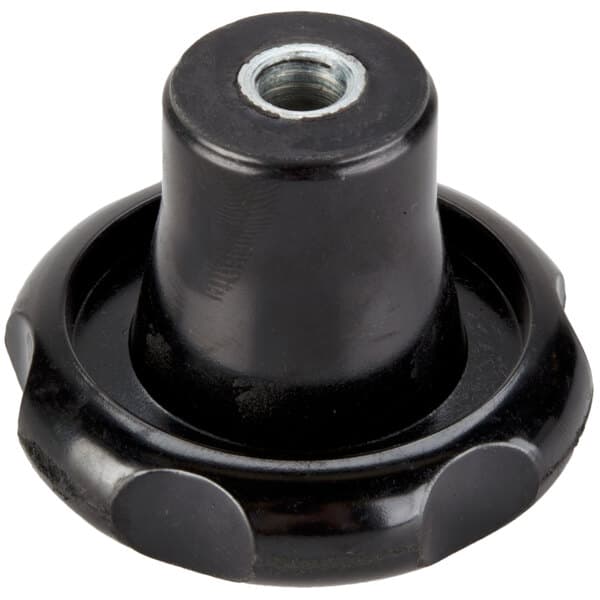 A black plastic Avantco carriage knob with a nut on top.