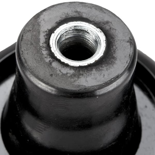 A close-up of a black metal Avantco carriage knob with a metal nut.