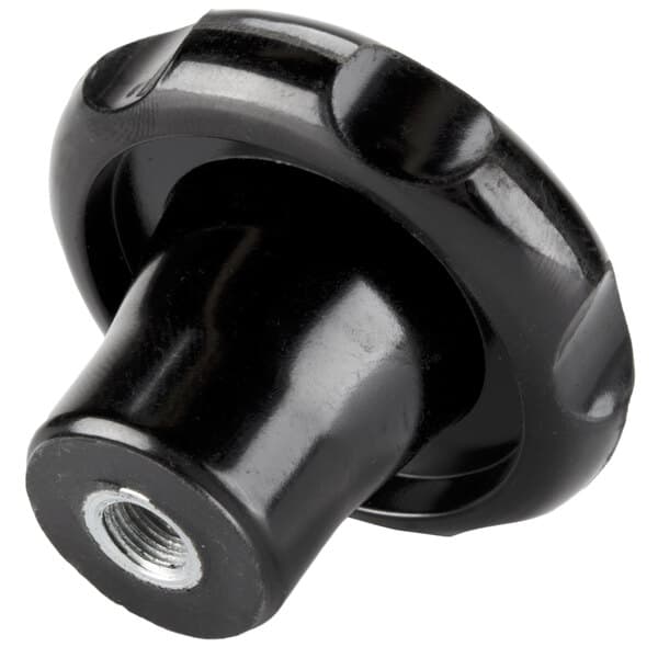 A black plastic knob with a screw for a nut.