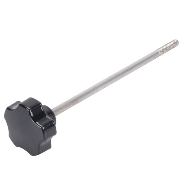 A black Avantco knob with a silver metal handle.