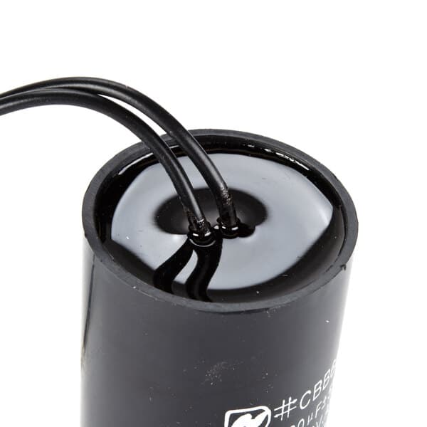 An Avantco replacement capacitor with two black wires.