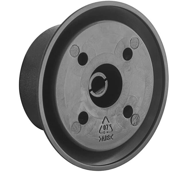 A black plastic Avantco temperature control knob with holes in it.