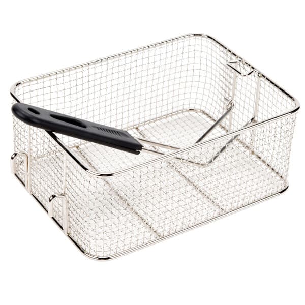 An Avantco fryer basket with a black handle.