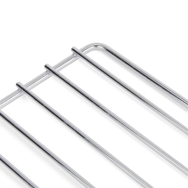 A stainless steel replacement rack for a countertop pizza oven with four metal bars.