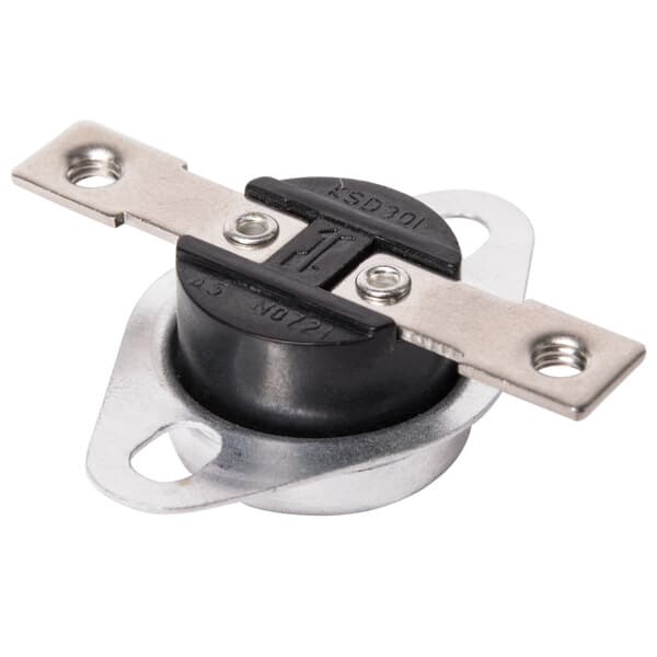 An Avantco automatic thermostat with black and silver metal and a black circle.