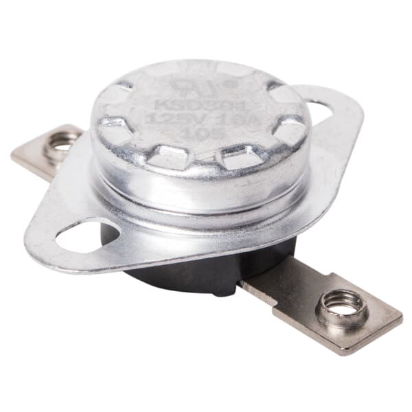 An Avantco metal automatic thermostat with screws.