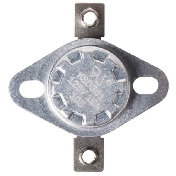 An Avantco metal thermostat with holes on a metal plate.