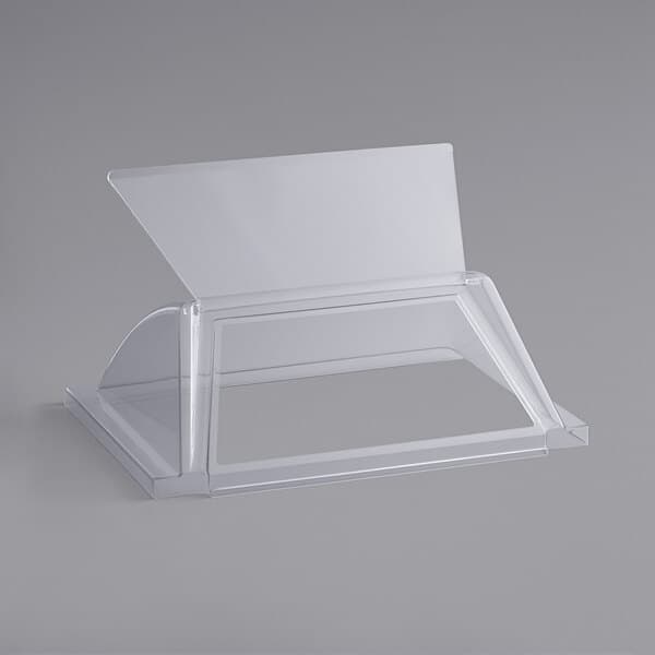 An Avantco hot dog roller grill sneeze guard, a clear plastic container with a clear lid.