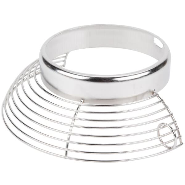 A stainless steel bowl guard with a metal ring and wire.