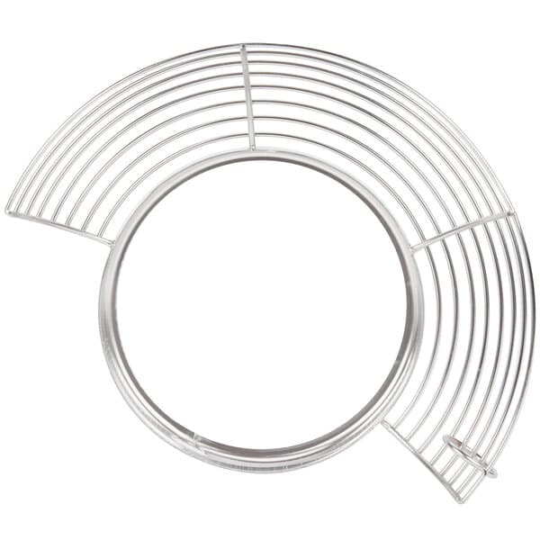 A stainless steel metal bowl guard with a spiral design.