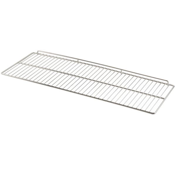 A silver rack with a metal grid.