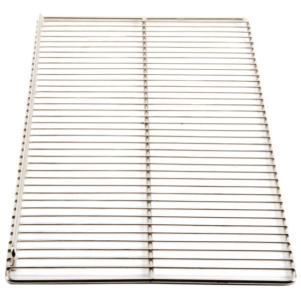 A stainless steel metal rack with holes.
