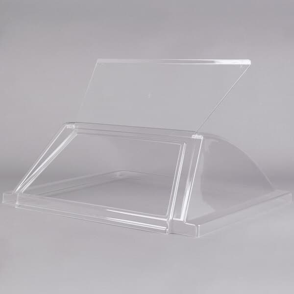 A clear plastic container with a clear lid on a white background.