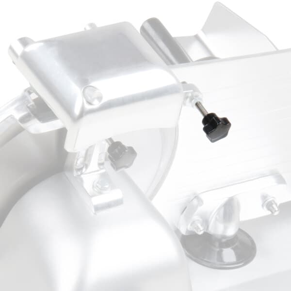 A close-up of a white Avantco meat slicer knob with a metal handle.