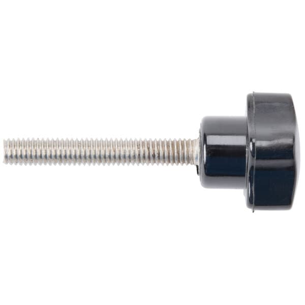 A black plastic screw with a metal head and a black plastic cap.