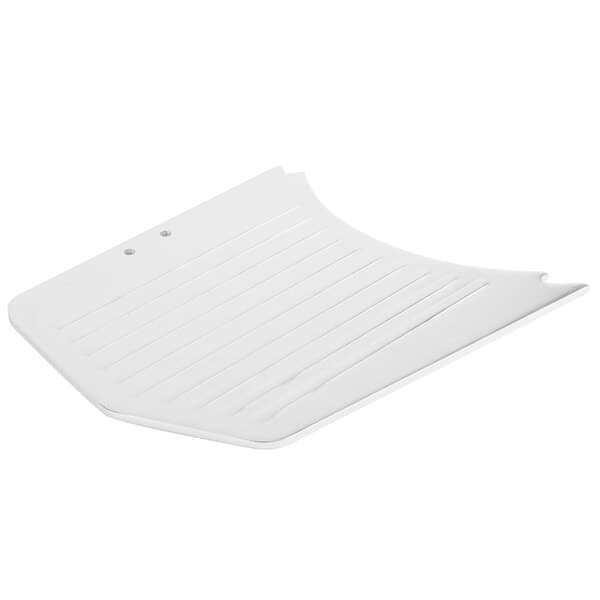 A white plastic replacement regulator plate for an Avantco meat slicer.