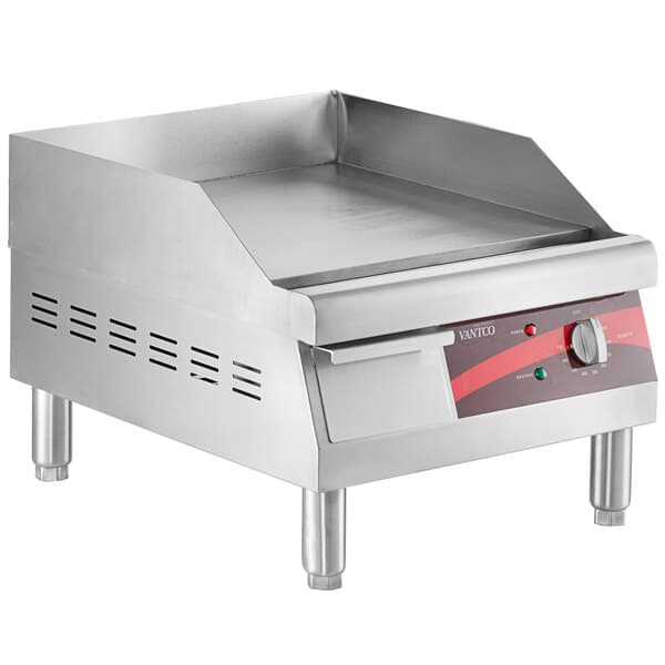 An Avantco stainless steel countertop electric griddle with a red and black control panel.