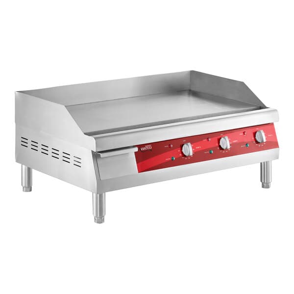 A 30-inch electric countertop griddle with a stainless steel body and red control panel.