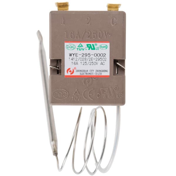 An Avantco replacement thermostat with metal wires and a metal spring.