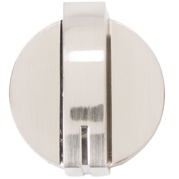 A close-up of a stainless steel Avantco temperature control knob with a white background.