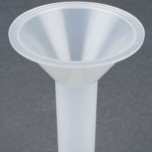 A white plastic funnel attachment for an Avantco meat grinder.