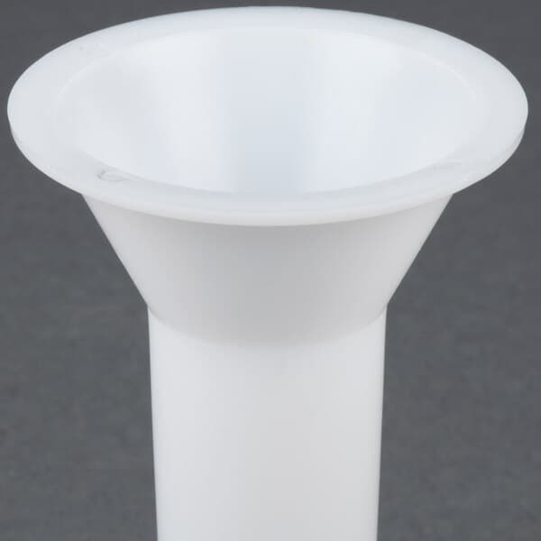 A white plastic Avantco sausage stuffer tube funnel.
