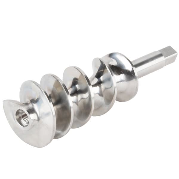 A close-up of a metal spiral Avantco #22 auger with a nut on top.