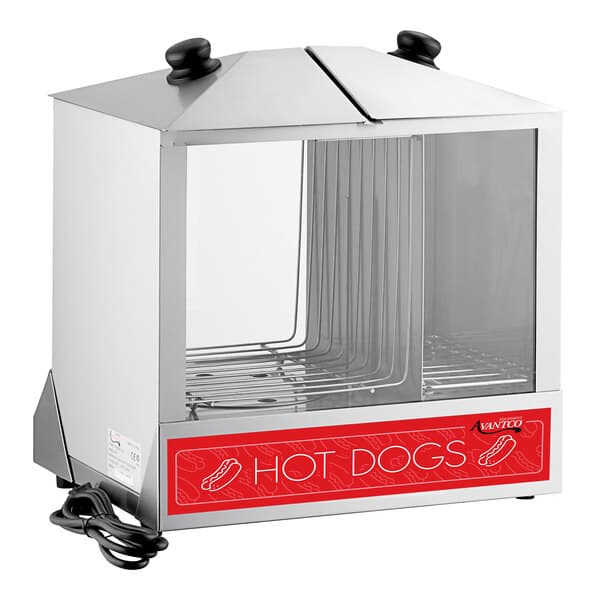 An Avantco hot dog steamer with a red door.