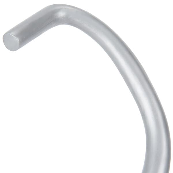 A silver curved metal dough hook.