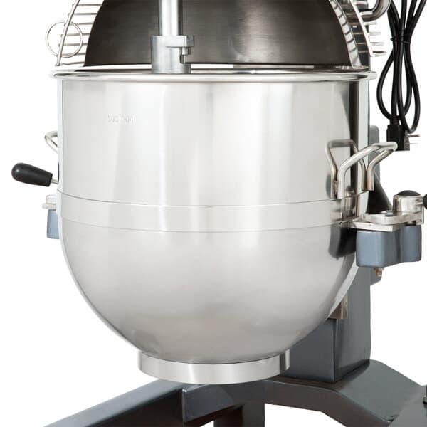 A large silver and black Avantco mixer with a 40 qt stainless steel bowl.