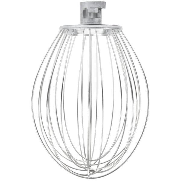 An Avantco 304 stainless steel wire whisk with a white handle.