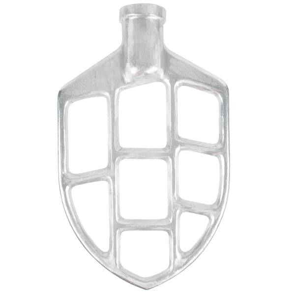 A close-up of an Avantco cast aluminum flat beater with holes.