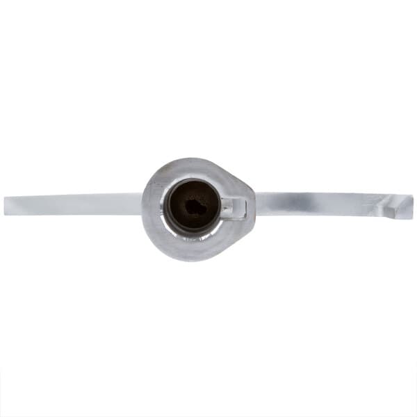 A close-up of a silver metal flat beater with a black handle.