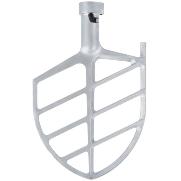 A silver cast aluminum flat beater attachment for an Avantco mixer.