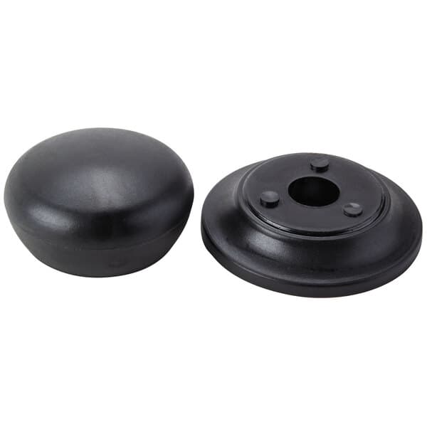 A black round Avantco handle with two rubber caps.