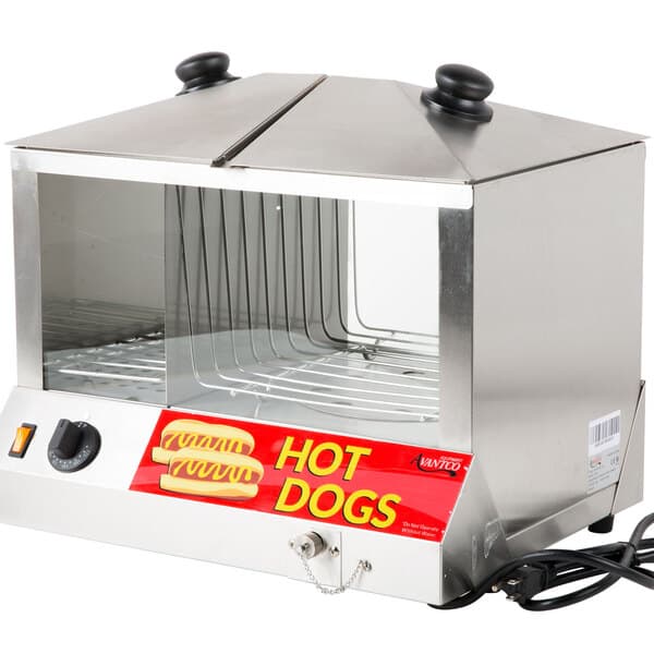 An Avantco hot dog machine cover with a wire rack.
