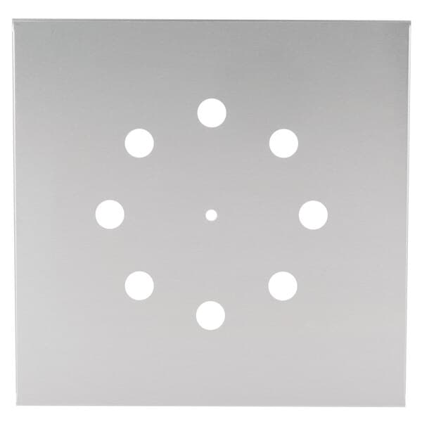 A white square metal plate with many holes in it.