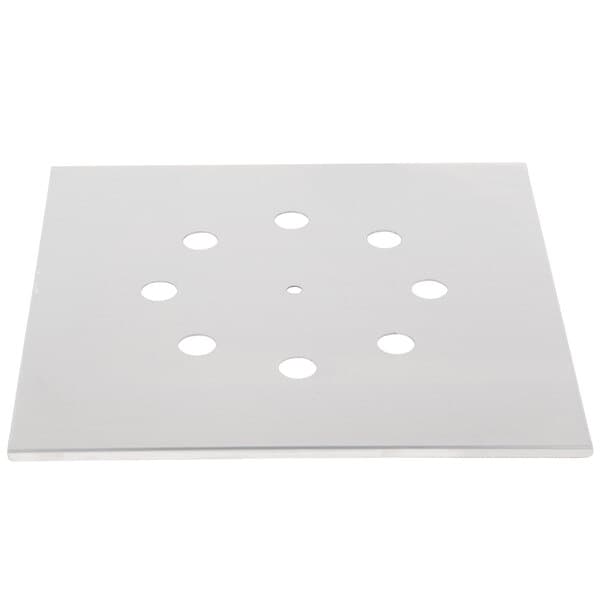 A white square Avantco bun plate with holes in it.