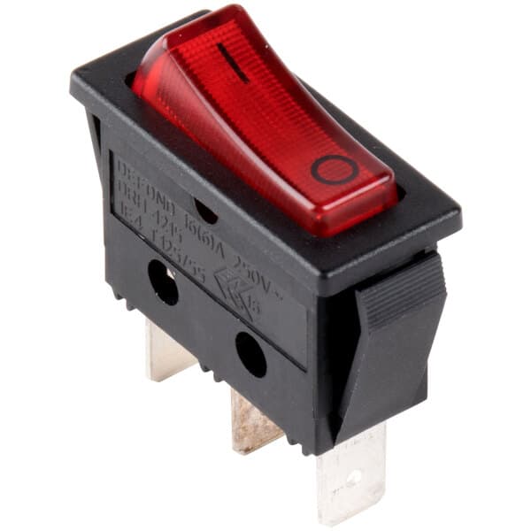 An Avantco On/Off rocker switch with a black plastic cover and red switch.
